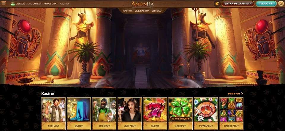 Kuvankaappaus AmunRa Casinon etusivusta, esillä valikot, muinainen egyptiläinen palatsi ja 8 pelin kuvakkeet