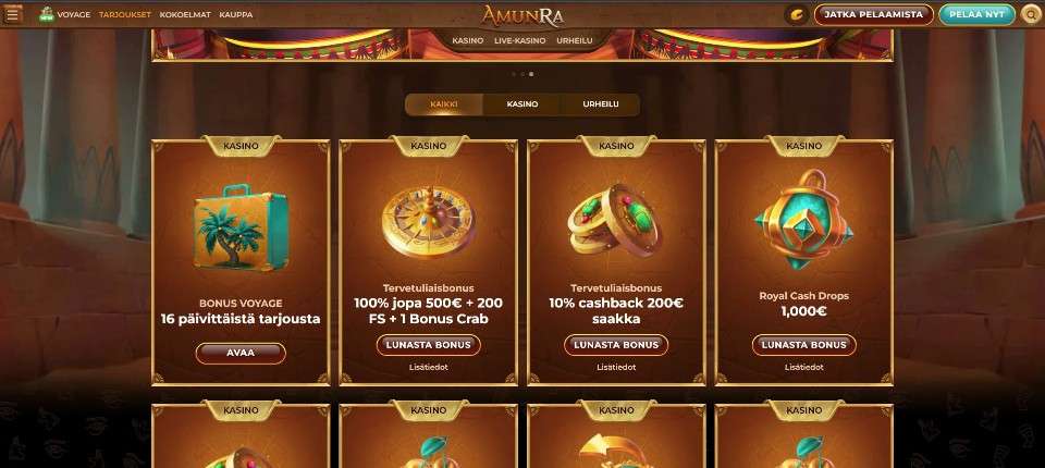 Kuvankaappaus AmunRa Casinon kampanjoista, esillä valikot ja 4 eri kampanjaa