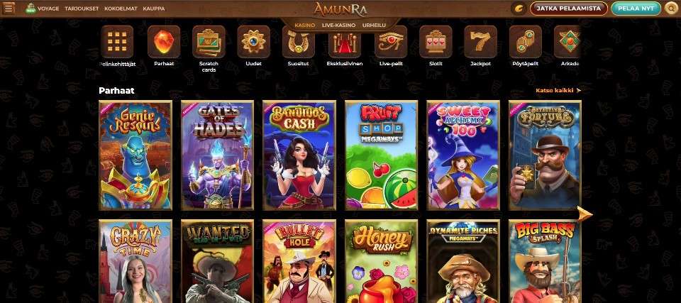 Kuvankaappaus AmunRa Casinon peliaulasta, esillä pelivalikot ja 12 pelin kuvakkeet