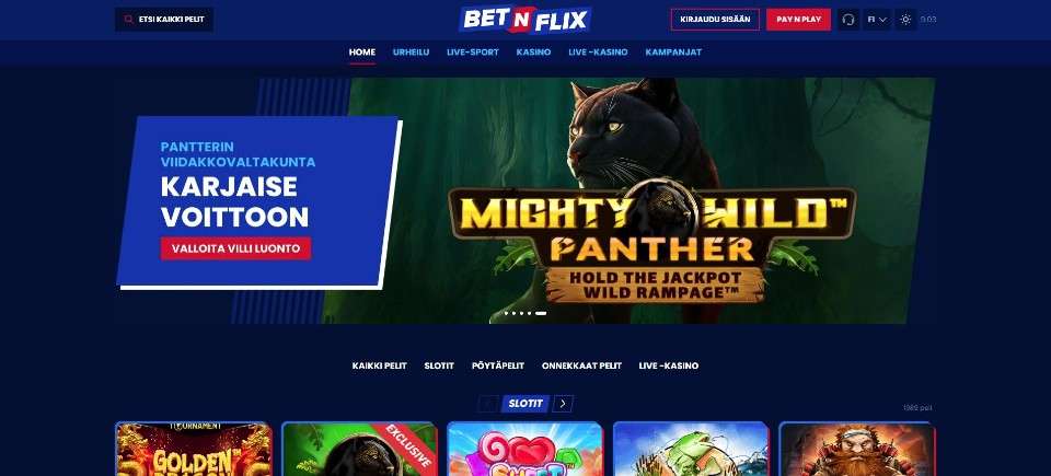 Kuvankaappaus BetNFlix Casinon etusivusta, esillä valikot ja Mighty Wild Panther banneri