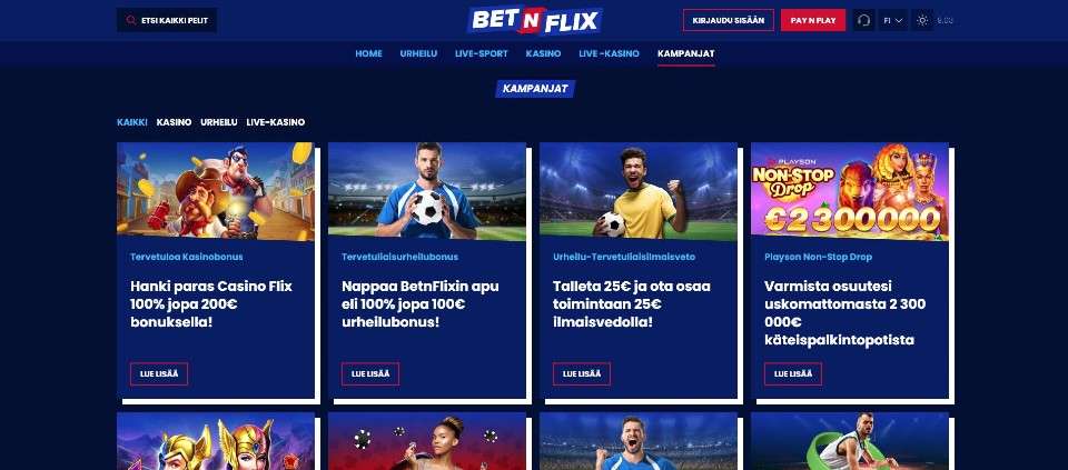 Kuvankaappaus BetNFlix Casinon kampanjoista, esillä valikot ja 4 eri kampanjaa