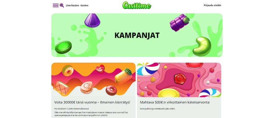 Kuvankaappaus Casilime Casinon kampanjoista, esillä kaksi kasinokampanjaa