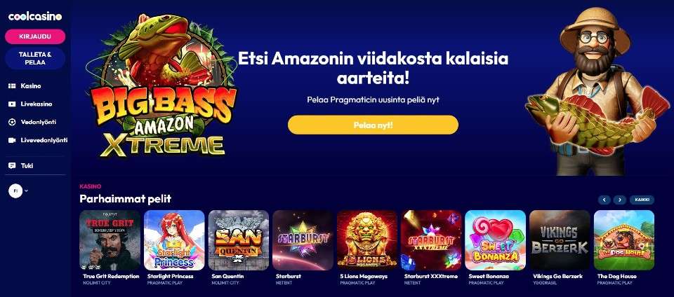 Kuvankaappaus Cool Casinon etusivusta, esillä Big Bass Amazon Xtreme pelin banneri, valikot ja 9 peliautomaatin kuvakkeet
