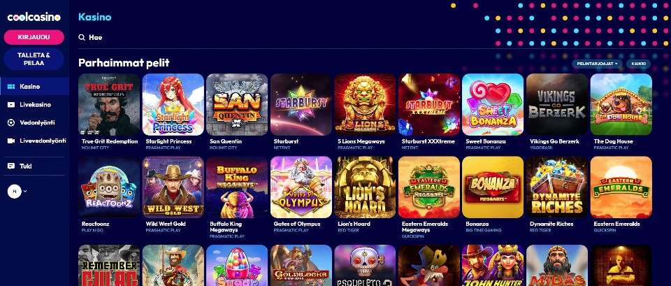Kuvankaappaus Cool Casinon peliaulasta, esillä valikot ja 25 parhaimman pelin kuvakkeet