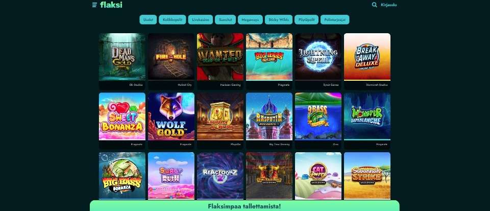 Kuvankaappaus Flaksi Casinon peliaulasta, esillä valikot ja 18 peliautomaatin kuvakkeet