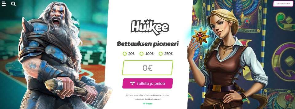 Kuvankaappaus Huikee Casinon etusivusta, näkyvissä Pay N Play -talletusikkuna ja vasemmalla puolella peliautomaatin mieshahmo ja oikealla puolella naishahmo