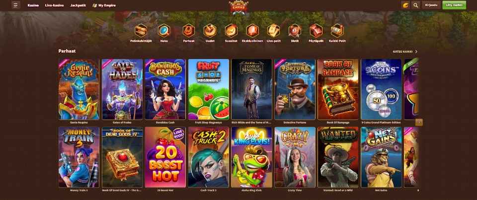 Kuvankaappaus MyEmpire Casinon peliaulasta, esillä pelivalikot ja 16 peliautomaatin kuvakkeet