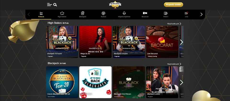 Kuvankaappaus Blackjack City Casinon peleistä, näkyvissä pelivalikko, jonka alla 8 pöytäpelin kuvakkeet