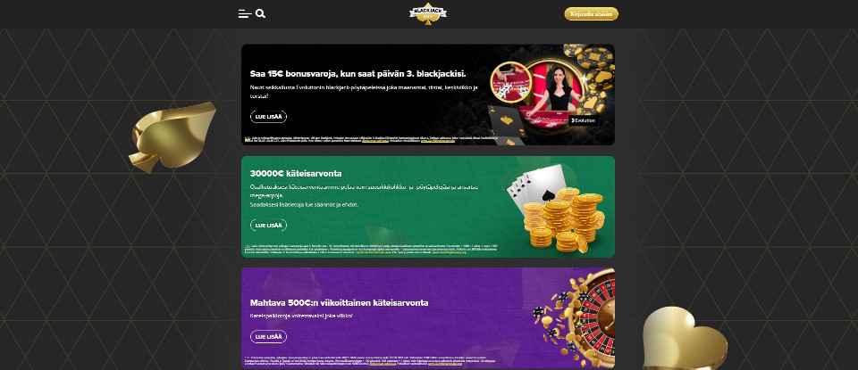 Kuvankaappaus Blackjack City Casinon kampanjoista, näkyvissä blackjack-bonus ja kaksi eri käteisarvontaa tummalla taustalla
