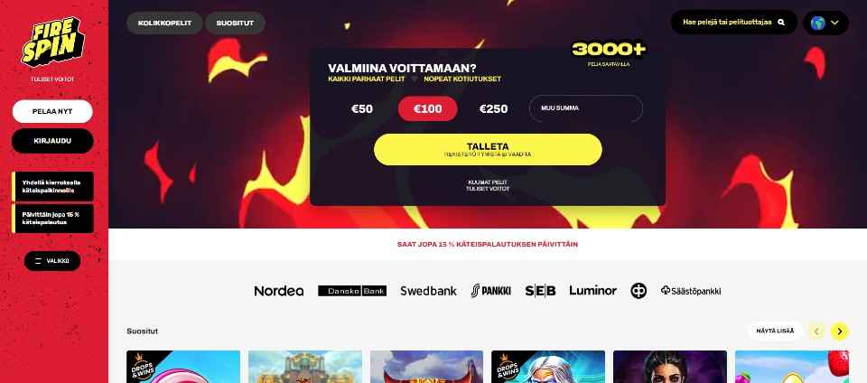 Kuvankaappaus FireSpin casinon etusivusta, bannerissa tulenlikkejä, talletusikkuna ja valikot