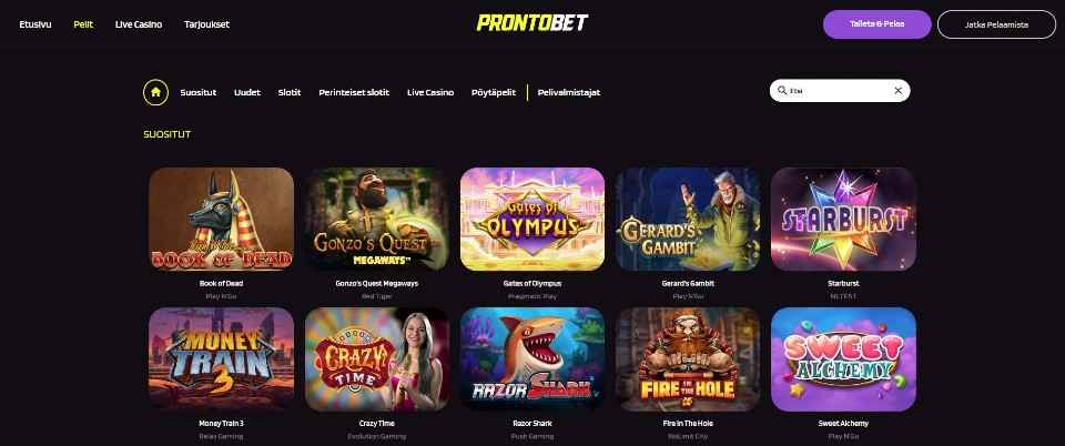 Kuvankaappaus ProntoBet Casinon peleistä, esillä pelivalikot ja kymmenen peliautomaatin kuvakkeet