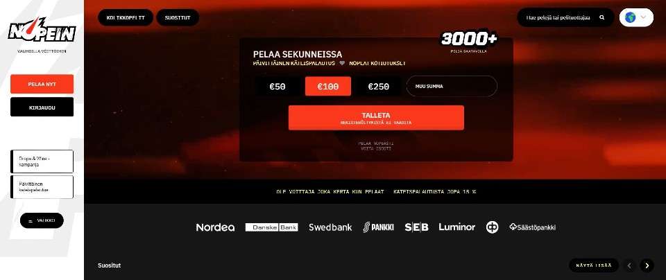 Kuvankaappaus Nopein Casinon etusivusta, esillä Pay N Play -talletusikkuna, 8 pankin logot ja valikot