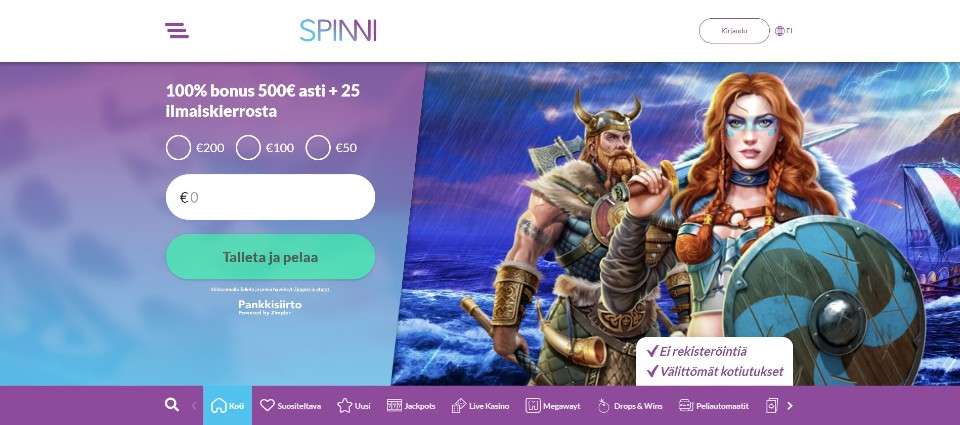 Kuvankaappaus Spinni Casinon etusivusta, esillä tervetuliaisbonus, valikot ja bannerissa mies- ja naisviikinki myrskyisellä merellä