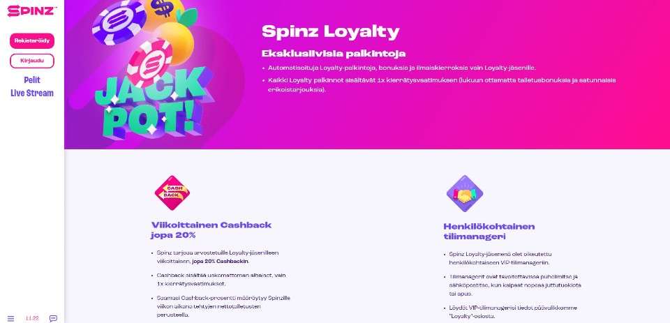 Kuvankaappaus Spinz Casinon uskollisuusohjelmasta, esillä valikot ja ohjelman esittely, 20 % viikoittainen cashback