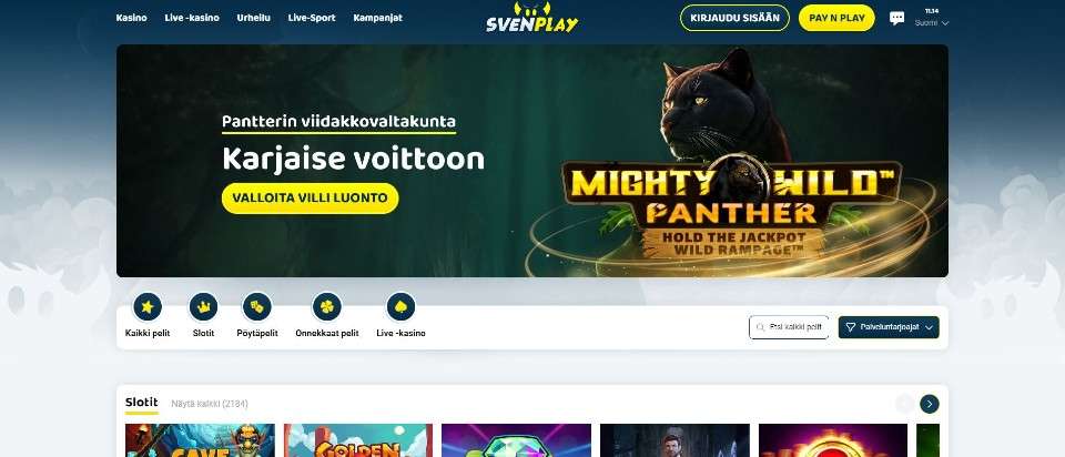 Kuvankaappaus Svenplay Casinon etusivusta, esillä Mighty Wild Panther -banneri ja valikot