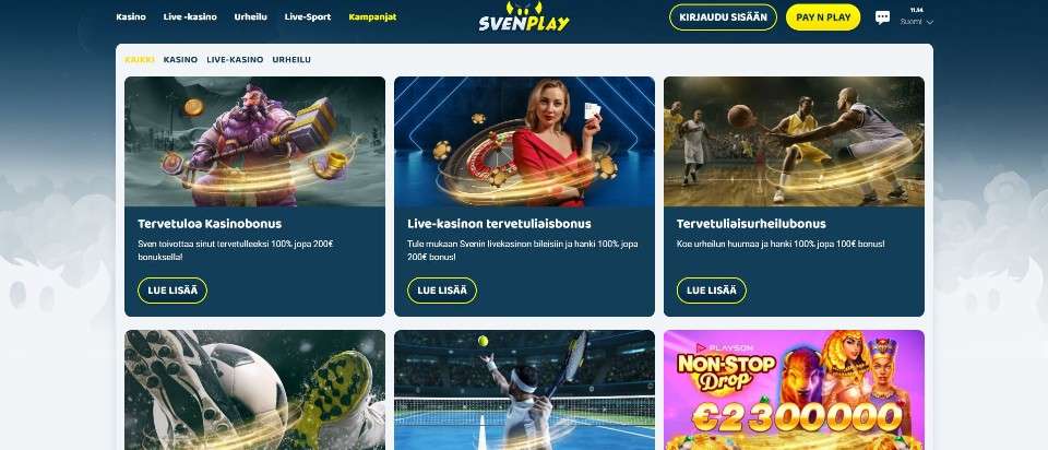 Kuvankaappaus Svenplay Casinon kampanjoista, esillä valikot ja kuusi kampanjaa