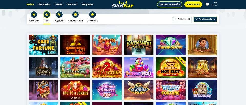 Kuvankaappaus Svenplay Casinon peliaulasta, esillä valikot ja 18 peliautomaatin kuvakkeet