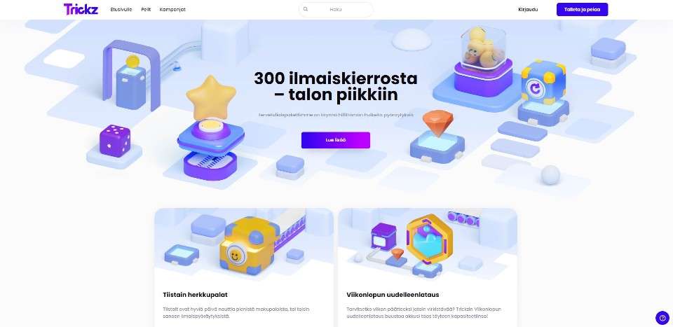 Kuvankaappaus Trickz Casinon kampanjoista, esillä tervetuliaisbonus ja kaksi muuta kampanjaa