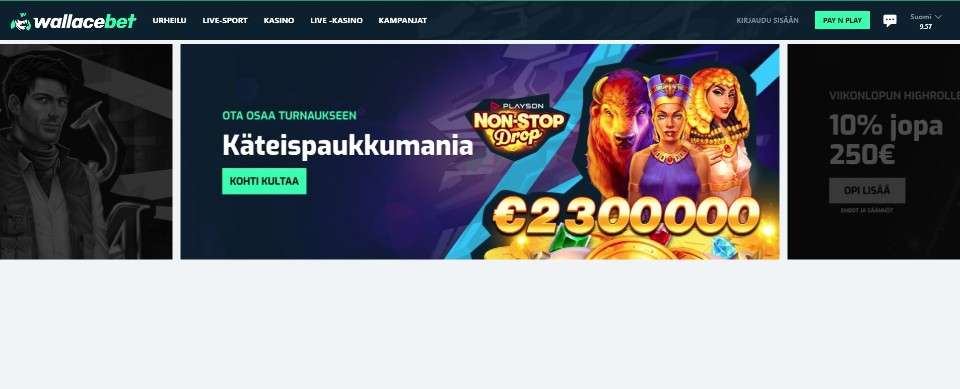 Kuvankaappaus Wallacebet Casinon etusivusta, esillä valikot ja turnausbanneri