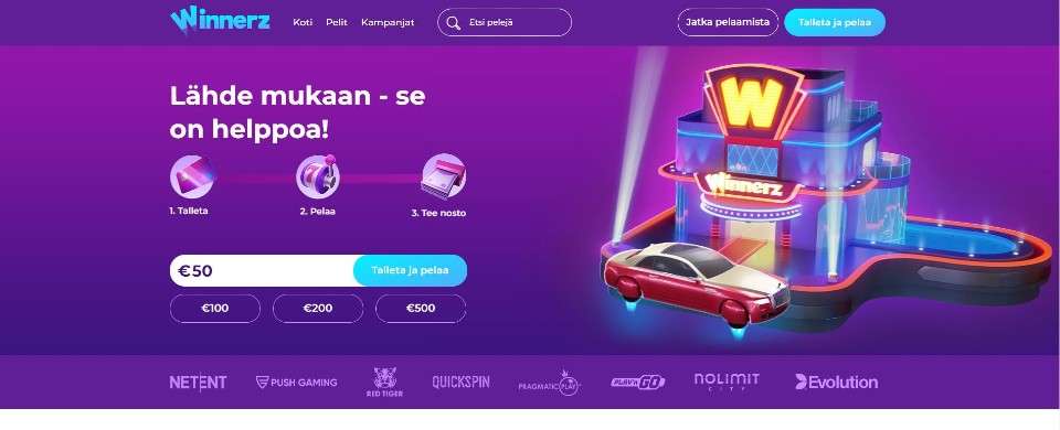 Kuvankaappaus Winnerz Casinon etusivusta, esillä Pay N Play -pikatalletusikkuna, loisteliaan Winnerz Casinon kuva bannerissa ja 8 pelinkehittäjän logot