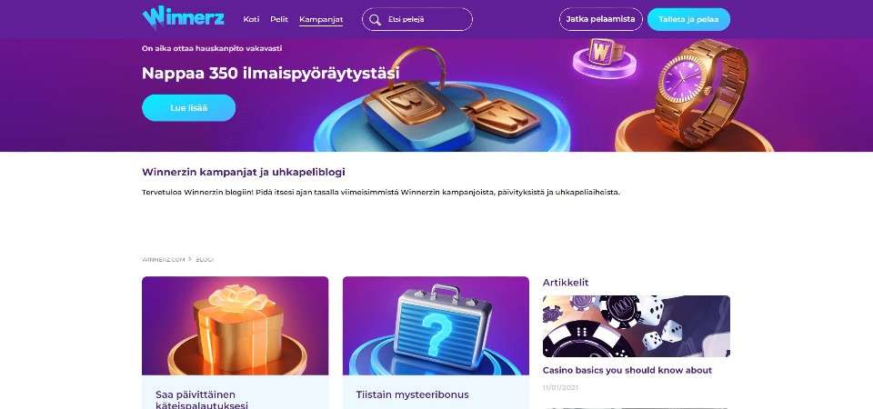 Kuvankaappaus Winnerz Casinon tarjouksista, esillä ilmaiskierrosbanneri ja kolmen kampanjan kuvakkeet