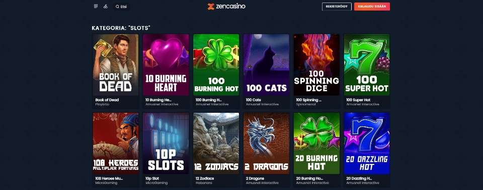 Kuvankaappaus Zen Casinon peliaulasta, esillä 12 peliautomaatin kuvakkeet