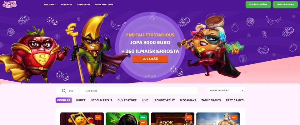 Kuvankaappaus Berry Casinon etusivusta, esillä päävalikko, tervetuliaisbonus bannerissa, jossa kolme hedelmäsupersankaria ja pelivalikot