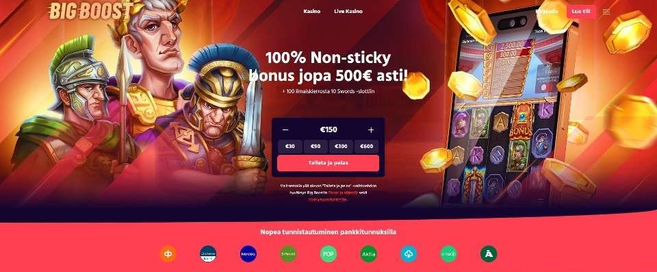 Kuvankaappaus Big Boost Casinon etusivusta, esillä tervetuliaisbonus, peliautomaattien hahmoja, Pay N Play -talletus ja 9 pankin logot