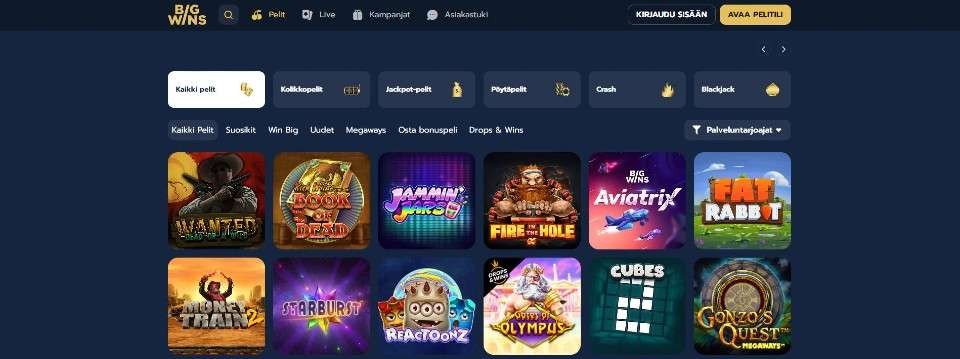 Kuvankaappaus Big Wins Casinon peliaulasta, esillä pelivalikot ja 12 peliautomaatin kuvakkeet