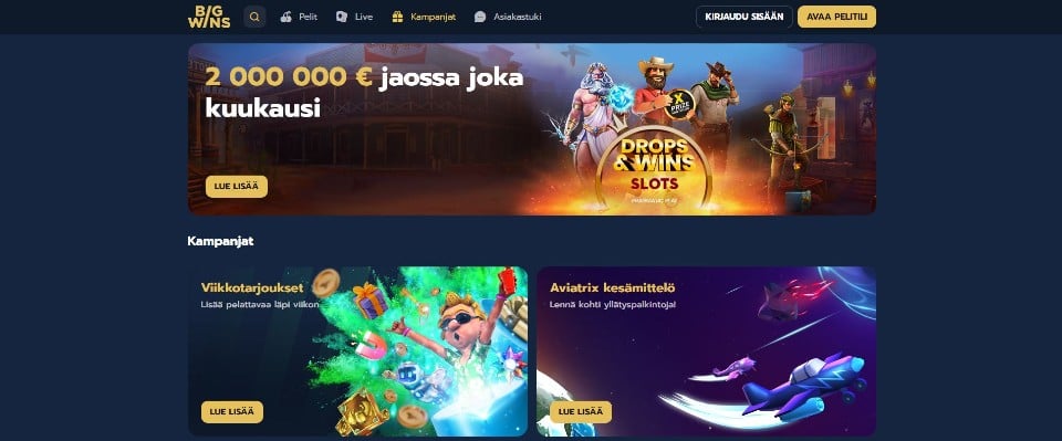 Kuvankaappaus Big Wins Casinon tarjouksista, esillä päävalikko ja kolme eri kasinotarjousta