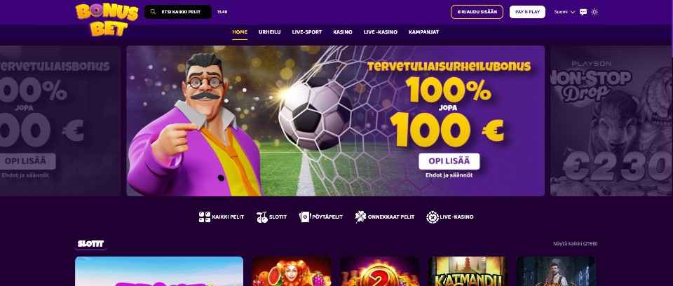 Kuvankaappaus BonusBet Casinon etusivusta, esillä päävalikko ja tervetuliaisbonus sekä pelivalikko