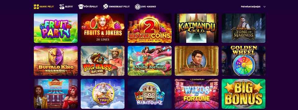 Kuvankaappaus BonusBet Casinon peliaulasta, esillä pelivalikot ja 15 peliautomaatin kuvakkeet