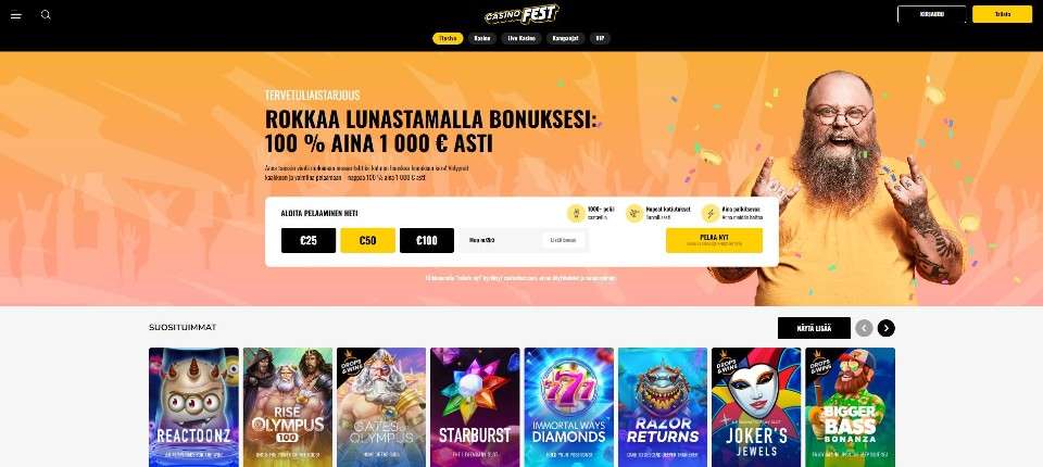 Kuvankaappaus Casino Festin etusivusta, esillä tervetuliaisbonus, Pay N Play -talletus ja 8 peliautomaatin kuvakkeet