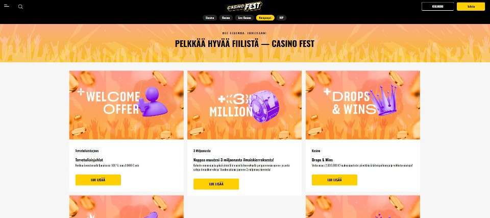 Kuvankaappaus Casino Festin tarjouksista, esillä kolme kasinotarjousta