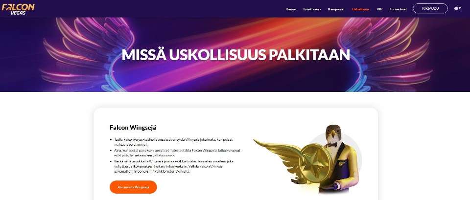 Kuvankaappaus FalconVegas Casinon uskollisuusohjelmasta, esillä päävalikot ja bannerissa siivet, alla haukkahahmo Falcon Wings -pisteen kanssa sekä selitys Falcon Wingseistä