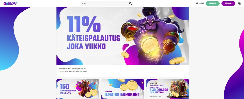 Kuvankaappaus GoSlot Casinon tarjouksista, esillä cashback ja kolme muuta kasinotarjousta