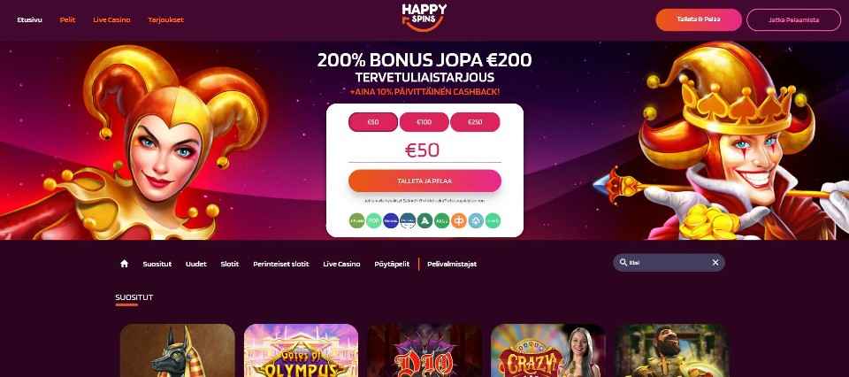 Kuvankaappaus Happy Spins Casinon etusivusta, esillä tervetuliaisbonus, Pay N Play -talletusikkuna, bannerin kummallakin sivulla jokerihahmo ja valikot