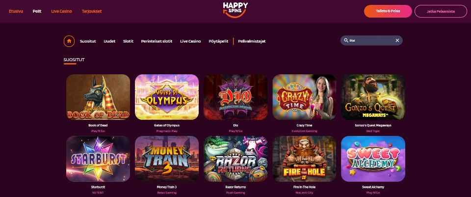 Kuvankaappaus Happy Spins Casinon peliaulasta, esillä pelivalikot ja 10 eri peliautomaatin kuvakkeet