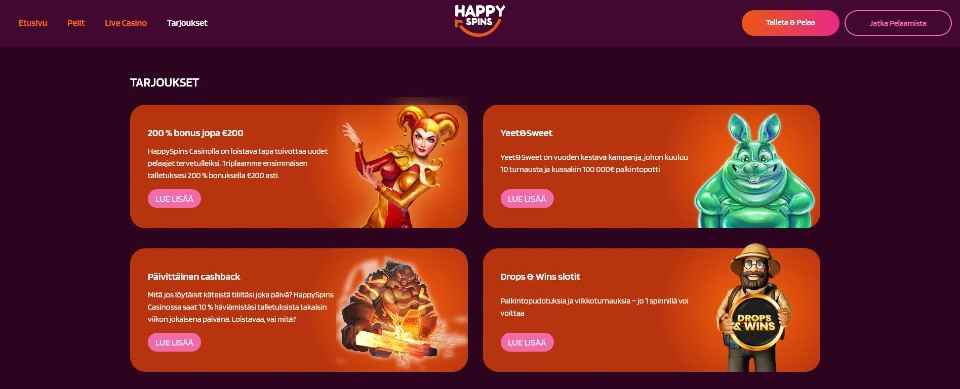 Kuvankaappaus Happy Spins Casinon tarjouksista, esillä päävalikko ja neljä eri tarjousta
