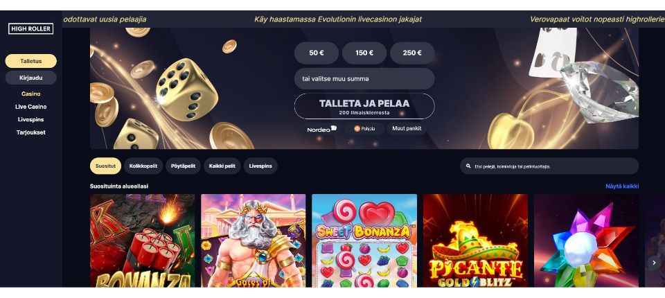 Kuvankaappaus Highroller Casinon etusivusta, esillä Pay N Play -talletusikkuna, valikot ja viiden peliautomaatin kuvakkeet
