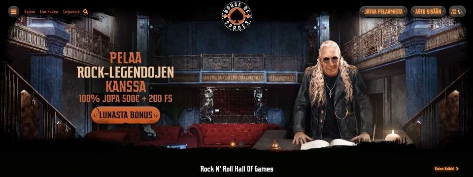 Kuvankaappaus House of Spades Casinon etusivusta, esillä Dee Snider hotellin aulassa ja tervetuliaisbonus