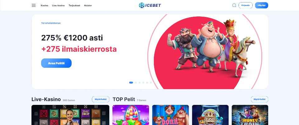 Kuvankaappaus IceBet Casinon etusivusta, esillä valikot, tervetuliaisbonus kolmen peliautomaatin hahmon kanssa sekä livekasinon ja top pelien kuvakkeet