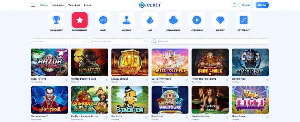 Kuvankaappaus IceBet Casinon peliaulasta, esillä pelivalikot ja 12 pelin kuvakkeet