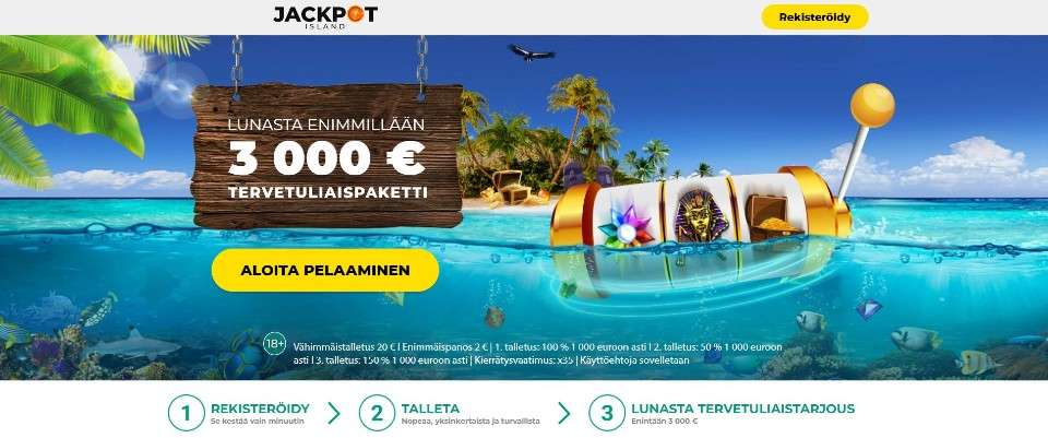 Kuvankaappaus Jackpot Island Casinon etusivusta, esillä tervetuliaisbonus ja bannerissa palmujen reunustama saari aarrearkkuineen ja turkoosissa vedessä kelluu peliautomaatin kela