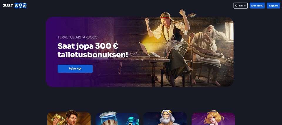 Kuvankaappaus Just Wow Casinon etusivusta, esillä tervetuliaisbonus ja bannerissa Väinämöinen ja naishahmo