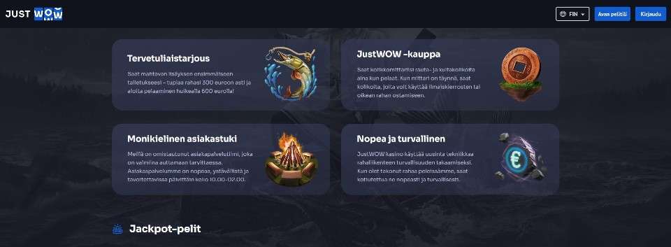 Kuvankaappaus Just Wow Casinon tarjouksista, esillä tervetuliaistarjous, bonuskauppa, asiakastuki ja turvallisuus