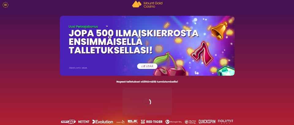 Kuvankaappaus Mount Gold Casinon etusivusta, esillä 500 ilmaiskierroksen bonus ja pelinkehittäjien logoja punaisella taustalla