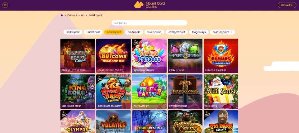 Kuvankaappaus Mount Gold Casinon peliaulasta, esillä pelivalikot ja 10 peliautomaatin kuvakkeet