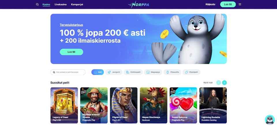 Kuvankaappaus Norppa Kasinon etusivusta, esillä tervetuliaisbonus ja bannerissa norppa sekä alla 6 peliautomaatin kuvakkeet