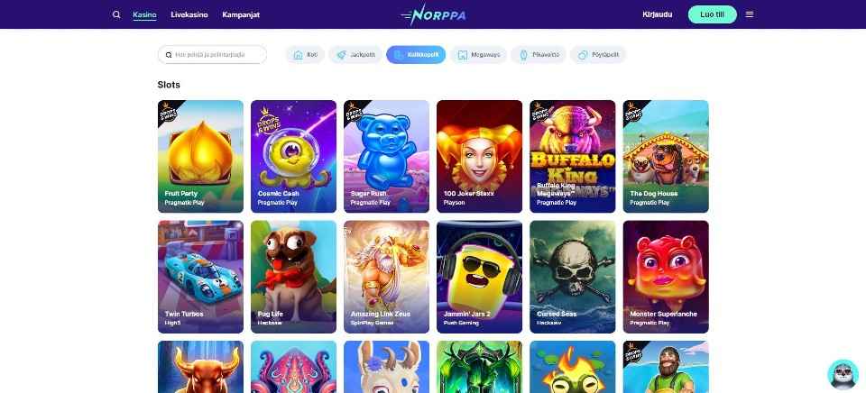 Kuvankaappaus Norppa Kasinon peliaulasta, esillä pelivalikot ja 12 peliautomaatin kuvakkeet